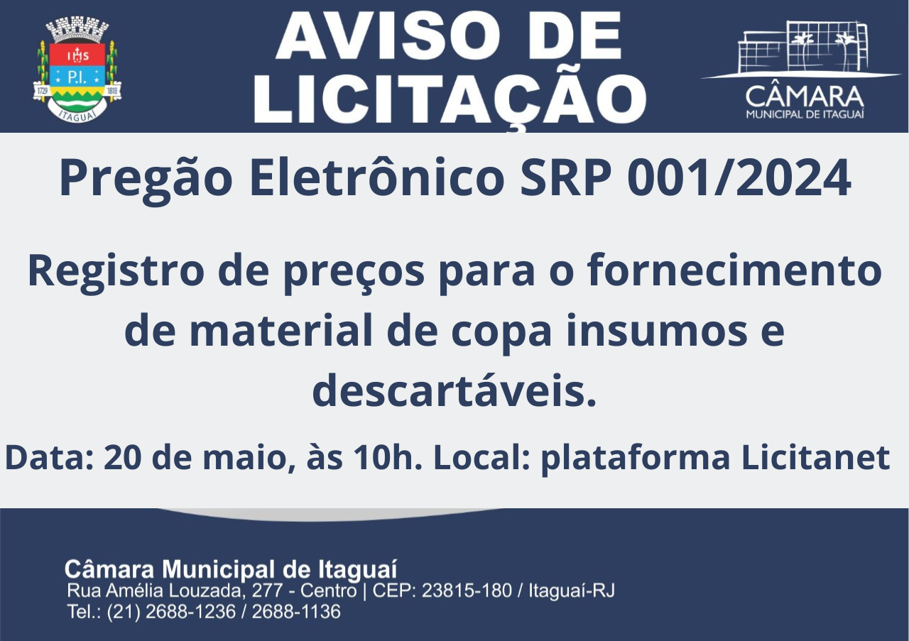 Aviso de Licitação: Pregão eletrônico 001/2024 - Em Andamento